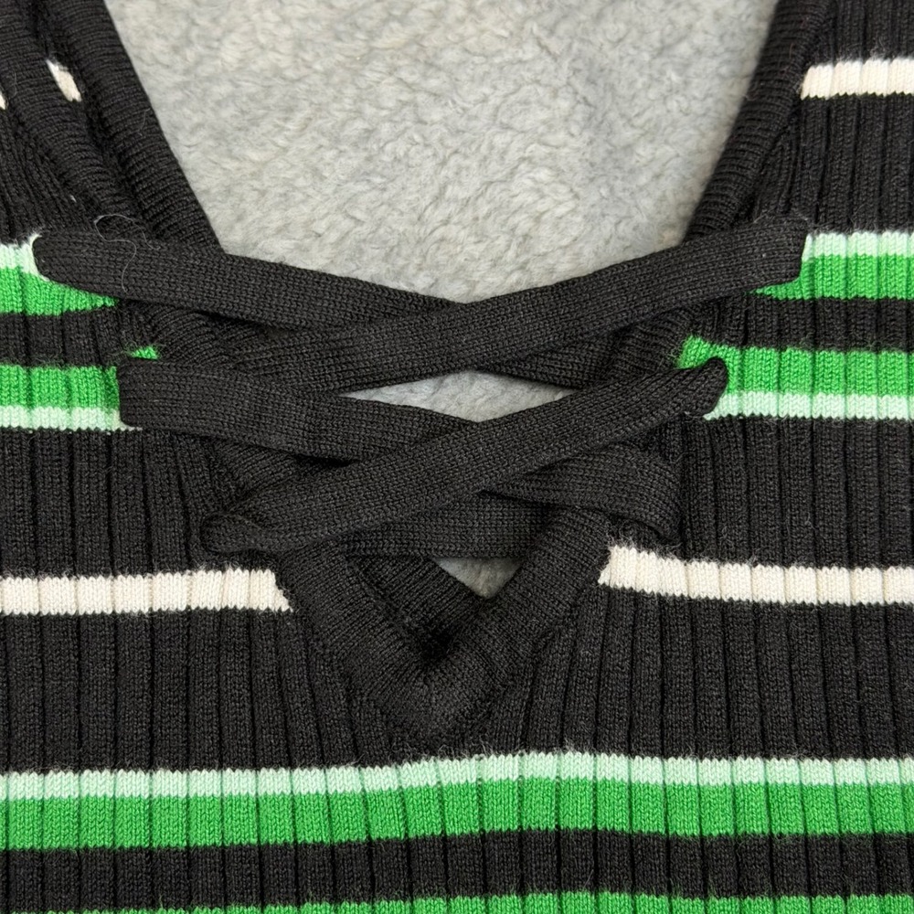 White House Black Market Womens Ribbed Lace Up Striped‎ Tank Top Black Green M - Picture 5 of 11